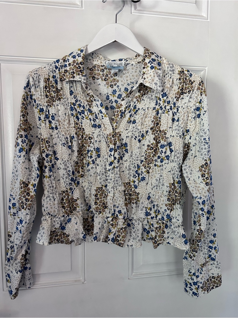 Cottagecore Floral Button-Front Blouse in White with Blue & Brown Print